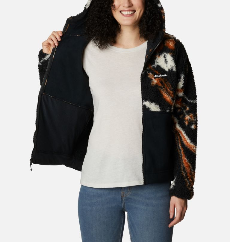 Women's Winter Pass Sherpa Hooded Full Zip Fleece Jacket, Color: Black Fallgrass Print, Black, image 5