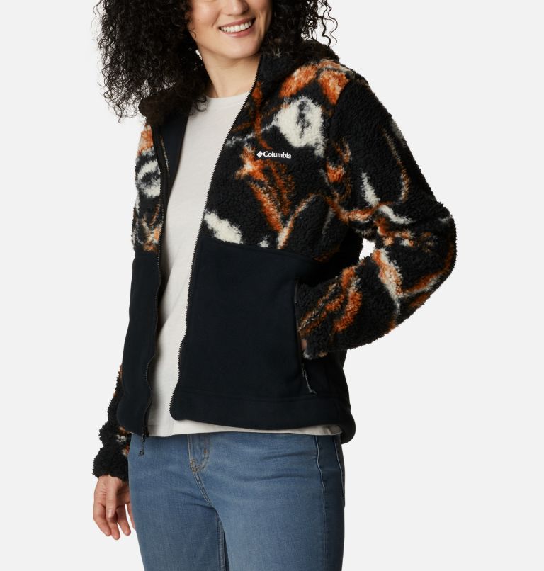Women's Winter Pass Sherpa Hooded Full Zip Fleece Jacket, Color: Black Fallgrass Print, Black, image 6