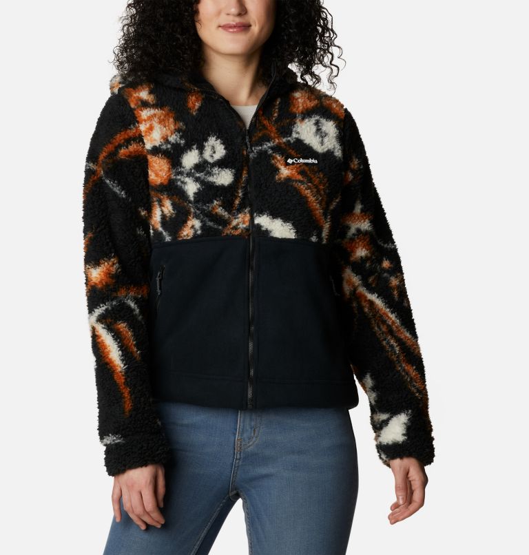 Women's Winter Pass Sherpa Hooded Full Zip Fleece Jacket, Color: Black Fallgrass Print, Black, image 1