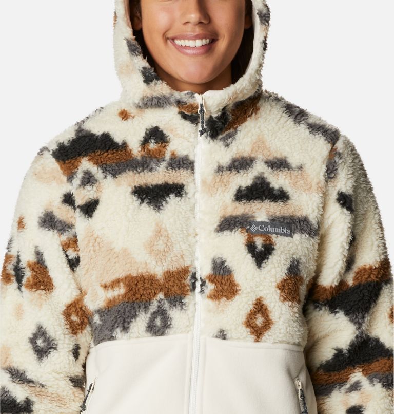 Women's Winter Pass Sherpa Hooded Full Zip Fleece Jacket, Color: Chalk Rocky MT Print, Chalk, image 4