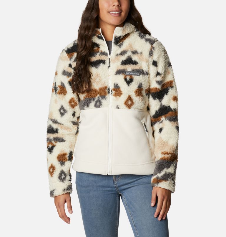 Women's Winter Pass Sherpa Hooded Full Zip Fleece Jacket, Color: Chalk Rocky MT Print, Chalk, image 1