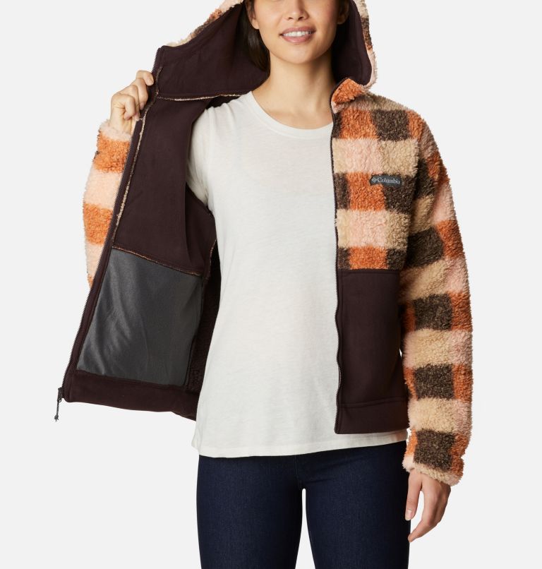 Women's Winter Pass Sherpa Hooded Full Zip Fleece Jacket, Color: Warm Copper Check Multi, New Cinder, image 5