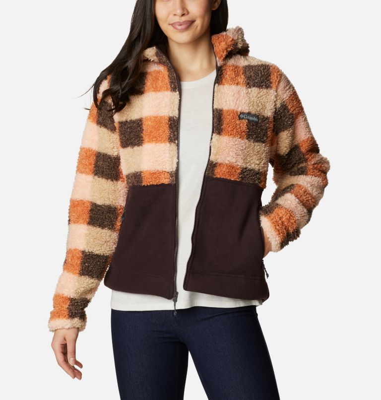 Women's Winter Pass Sherpa Hooded Full Zip Fleece Jacket, Color: Warm Copper Check Multi, New Cinder, image 6