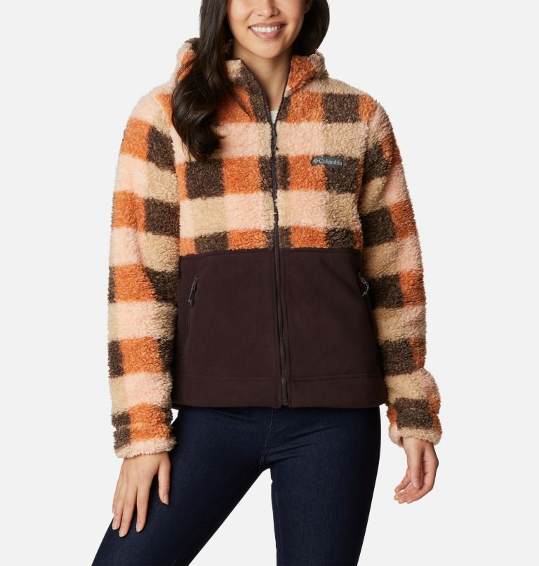 Women's Winter Pass Sherpa Hooded Full Zip Fleece Jacket, Color: Warm Copper Check Multi, New Cinder, image 1