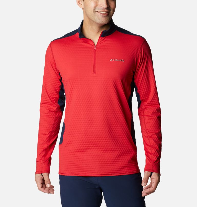 Thumbnail: Men's Bliss Ascent Quarter Zip Pullover, Color: Mountain Red, Collegiate Navy, image 1