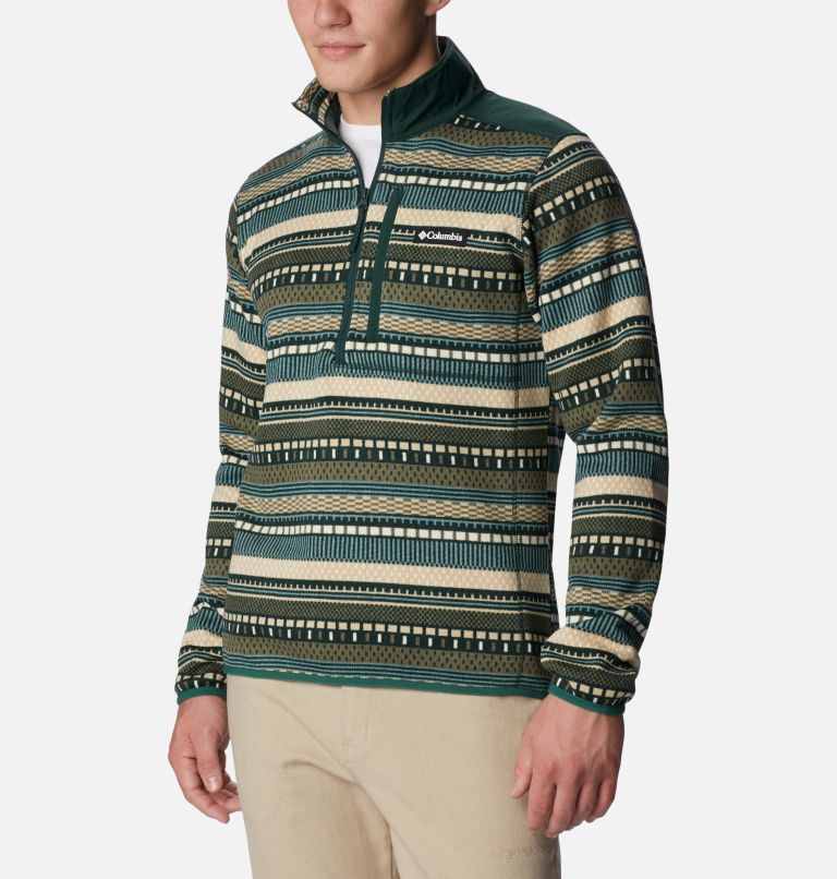 Thumbnail: Men's Sweater Weather II Printed Fleece Half Zip Pullover, Color: Spruce Apres Stripe, image 5