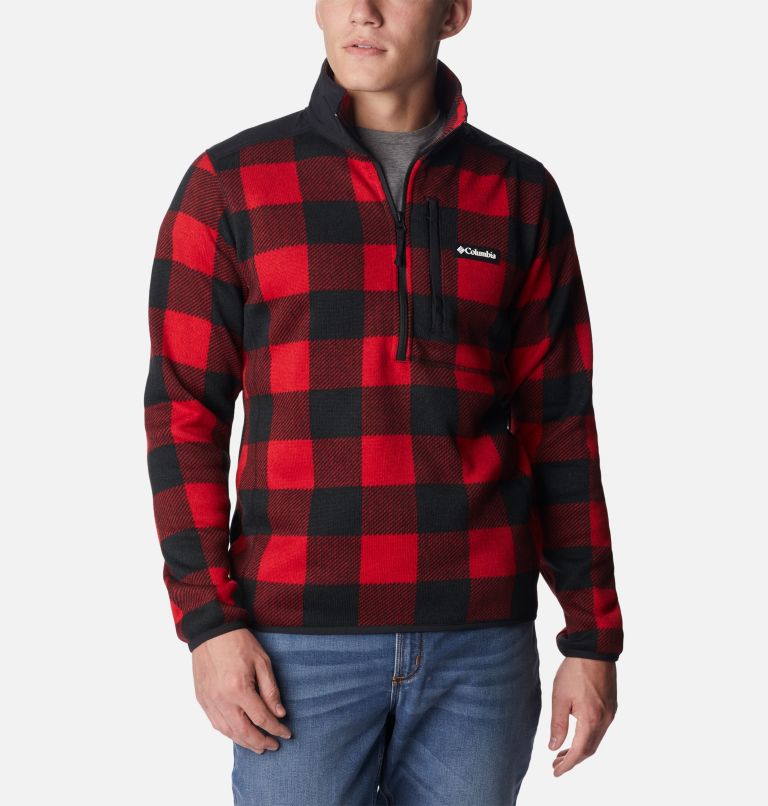 Thumbnail: Men's Sweater Weather II Printed Fleece Half Zip Pullover, Color: Mountain Red Check Print, image 5