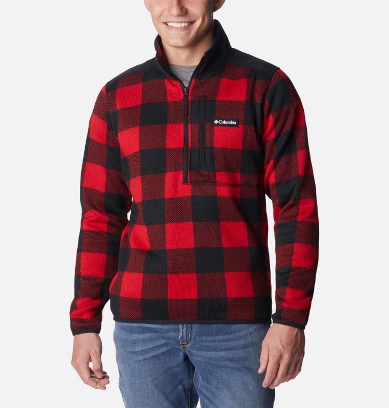 Thumbnail: Chandail à demi-zip imprimé en polaire Sweater Weather II Homme, Color: Mountain Red Check Print, image 1