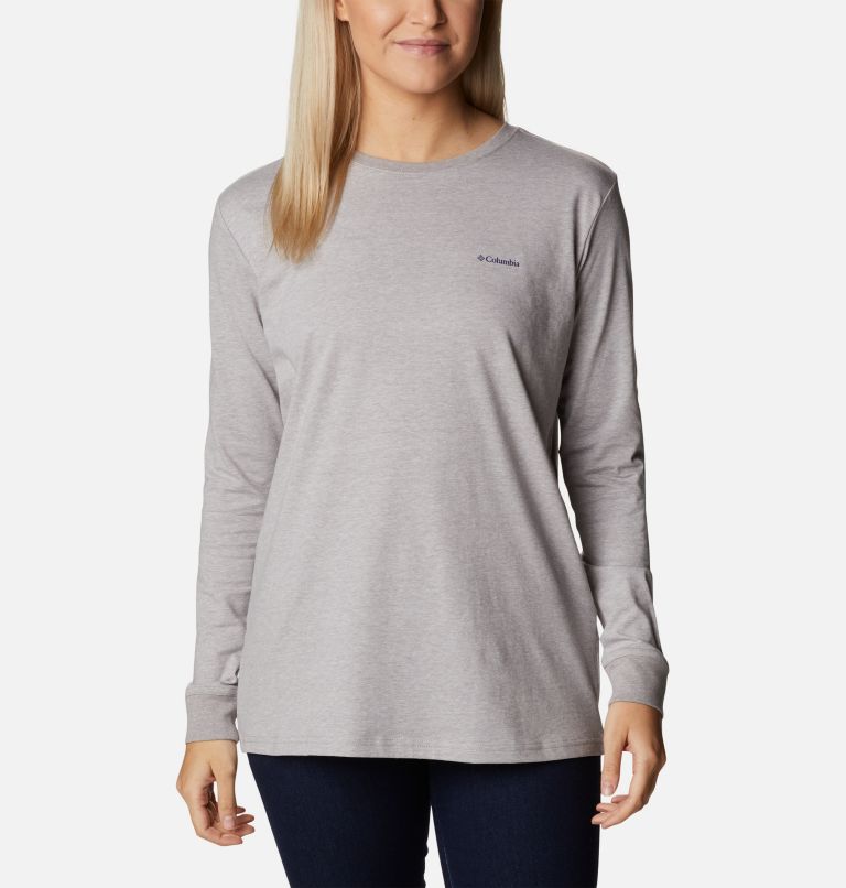 Women's North Cascades Back Graphic Long Sleeve T-Shirt, Color: Columbia Grey Heather, Outdoor Park, image 1