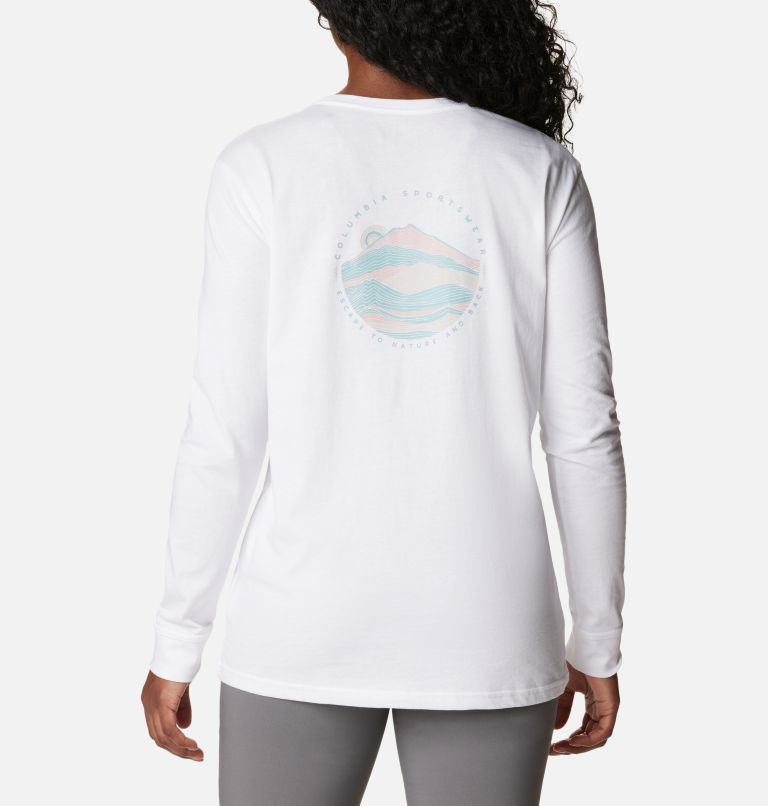 Thumbnail: Women's North Cascades Back Graphic Long Sleeve T-Shirt, Color: White, Escape to Nature, image 1
