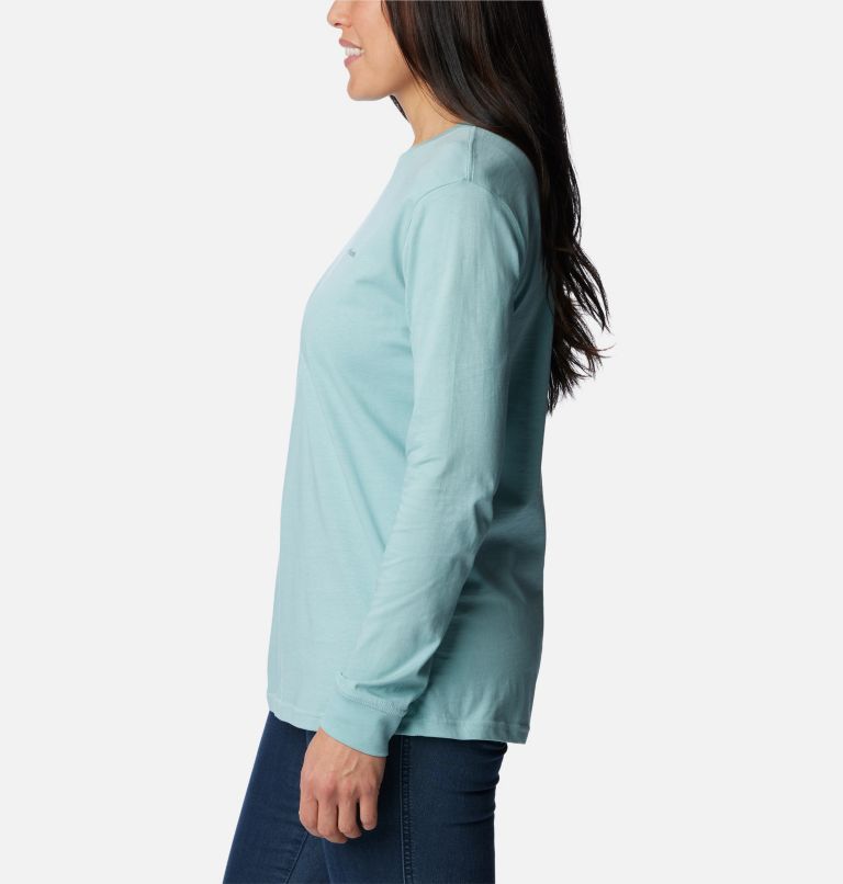 Women's North Cascades Back Graphic Long Sleeve T-Shirt, Color: Aqua Haze, Escape to Nature, image 3