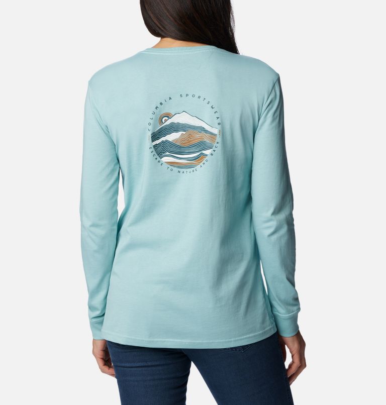 Women's North Cascades Back Graphic Long Sleeve T-Shirt, Color: Aqua Haze, Escape to Nature, image 1