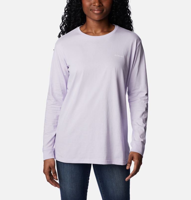 Thumbnail: Women's North Cascades Back Graphic Long Sleeve T-Shirt, Color: Purple Tint, PDX Tested Tough Graphic, image 2