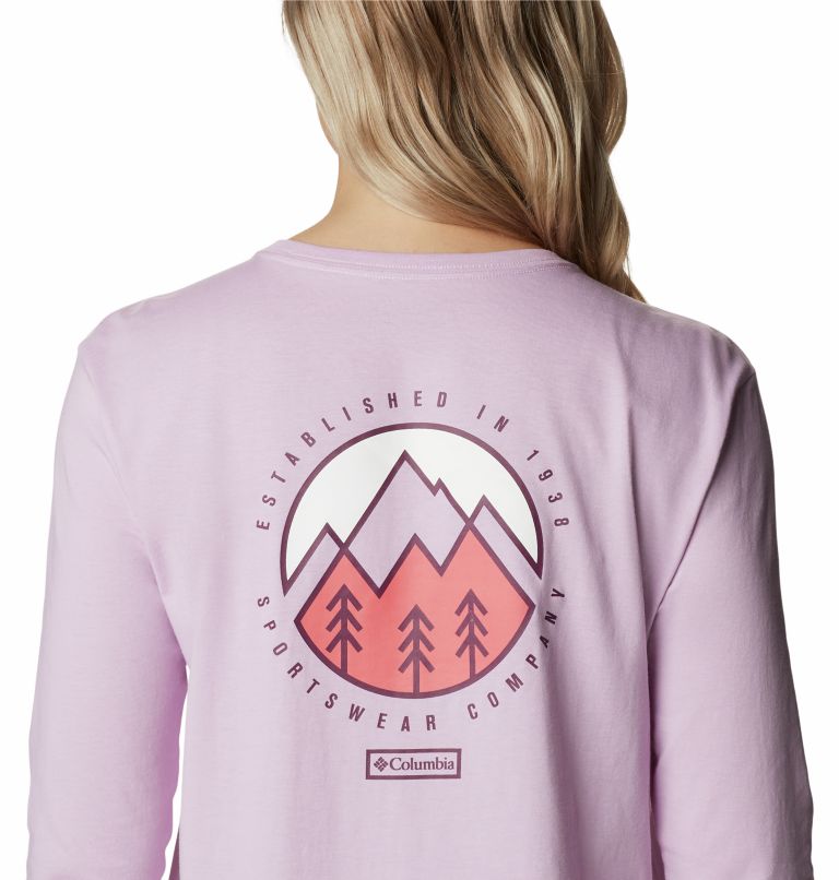 Thumbnail: Women's North Cascades Back Graphic Long Sleeve T-Shirt, Color: Aura, Outdoor Park, image 5