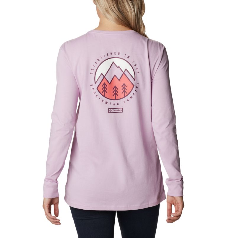 Women's North Cascades Back Graphic Long Sleeve T-Shirt, Color: Aura, Outdoor Park, image 2