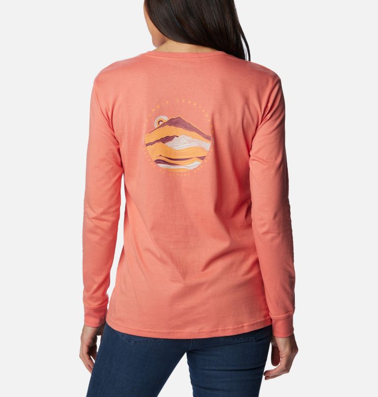 Women's North Cascades Back Graphic Long Sleeve T-Shirt, Color: Faded Peach, Escape to Nature, image 1