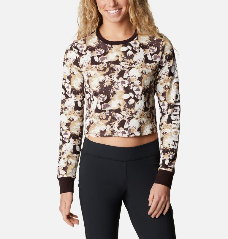 Thumbnail: Women's North Cascades Long Sleeve Cropped Printed T-Shirt, Color: New Cinder Solarized Print, image 1