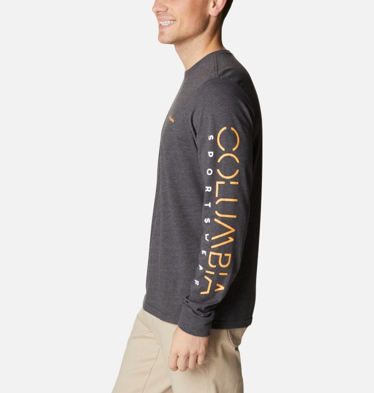 Men's CSC Basic Logo Long Sleeve Shirt, Color: Shark Heather, Columbia Stencil Sleeve, image 3