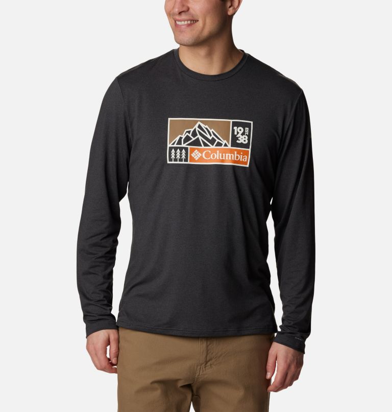 Thumbnail: Men's Tech Trail Long Sleeve Graphic Shirt, Color: Black Heather, Hike Icon Graphic, image 1