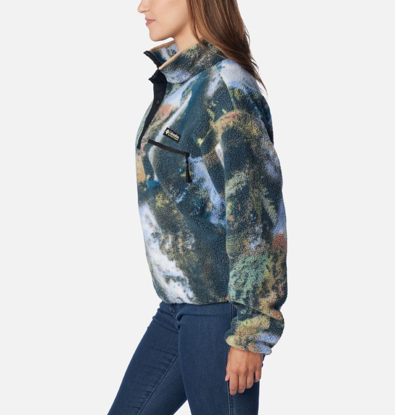 Women's Helvetia Cropped Half Snap Fleece, Color: Napa Green Chasing Falls Print, Black, C, image 3