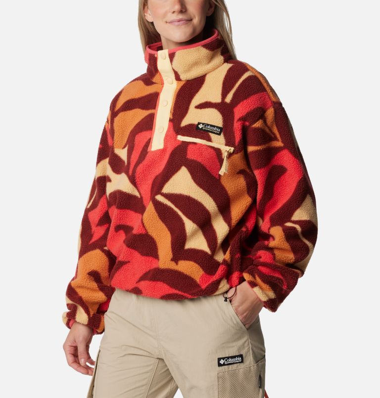 Women's Helvetia Cropped Half Snap Fleece, Color: Spice Floristic Print, Sunkissed, Juicy, image 5