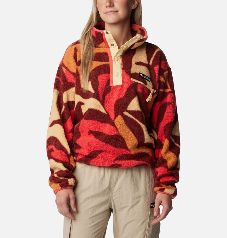 Women's Helvetia Cropped Half Snap Fleece, Color: Spice Floristic Print, Sunkissed, Juicy, image 1