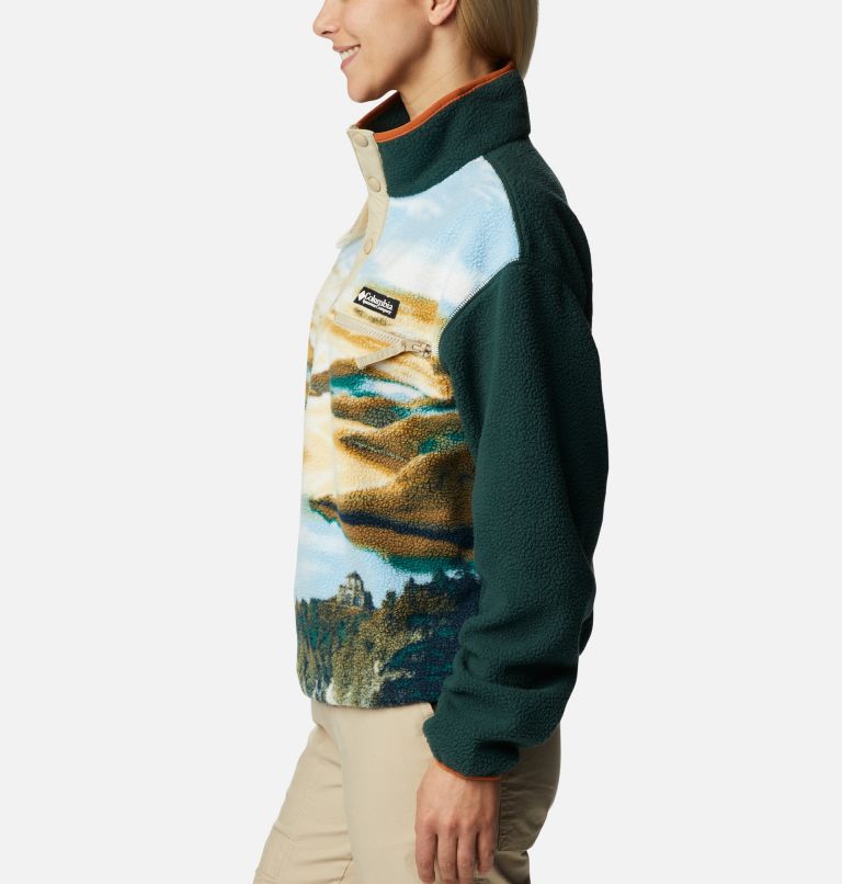 Women's Helvetia Cropped Half Snap Fleece, Color: Warm Copper CRG Print, Spruce, image 3