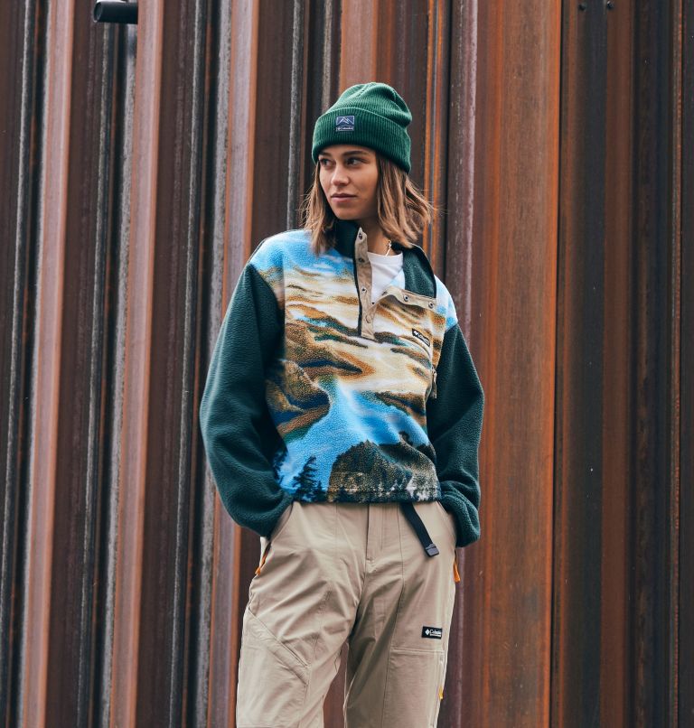 Women's Helvetia Cropped Half Snap Fleece, Color: Warm Copper CRG Print, Spruce, image 7
