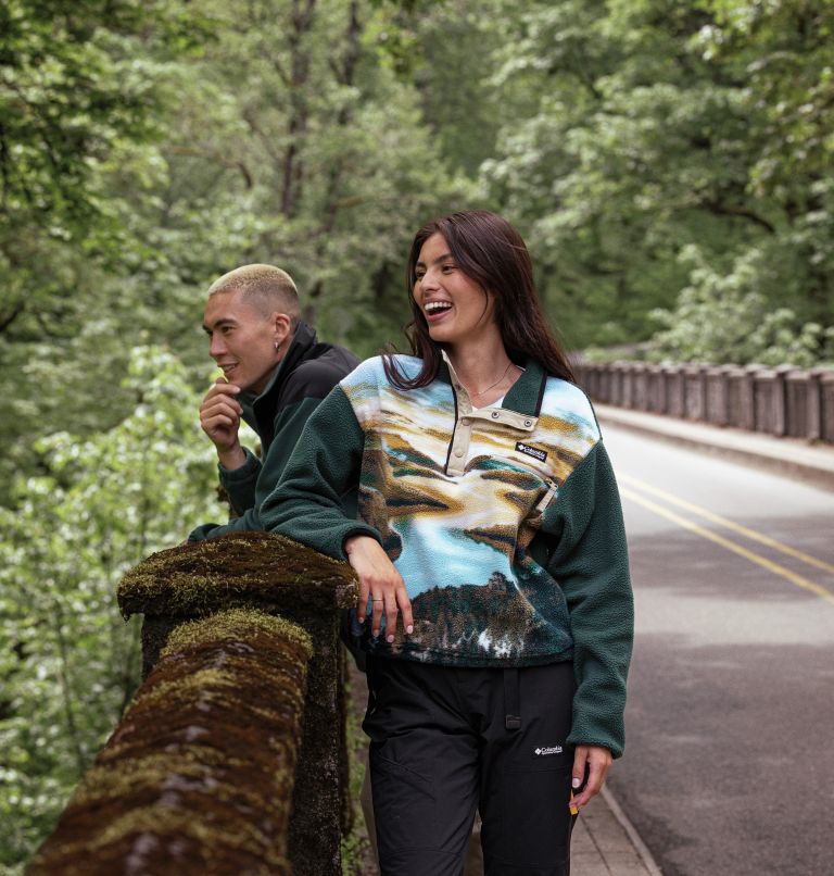 Thumbnail: Women's Helvetia Cropped Half Snap Fleece Pullover, Color: Warm Copper CRG Print, Spruce, image 8