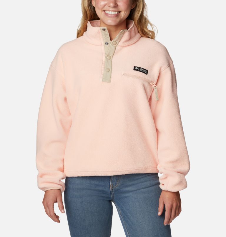 Women's Helvetia Cropped Half Snap Fleece, Color: Peach Blossom, Ancient Fossil, image 1