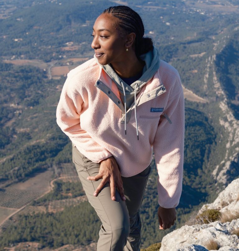 Women's Helvetia Cropped Half Snap Fleece, Color: Peach Blossom, Ancient Fossil, image 6