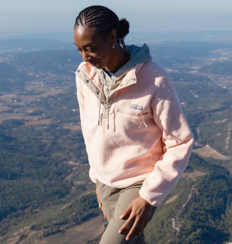 Women's Helvetia Cropped Half Snap Fleece, Color: Peach Blossom, Ancient Fossil, image 7
