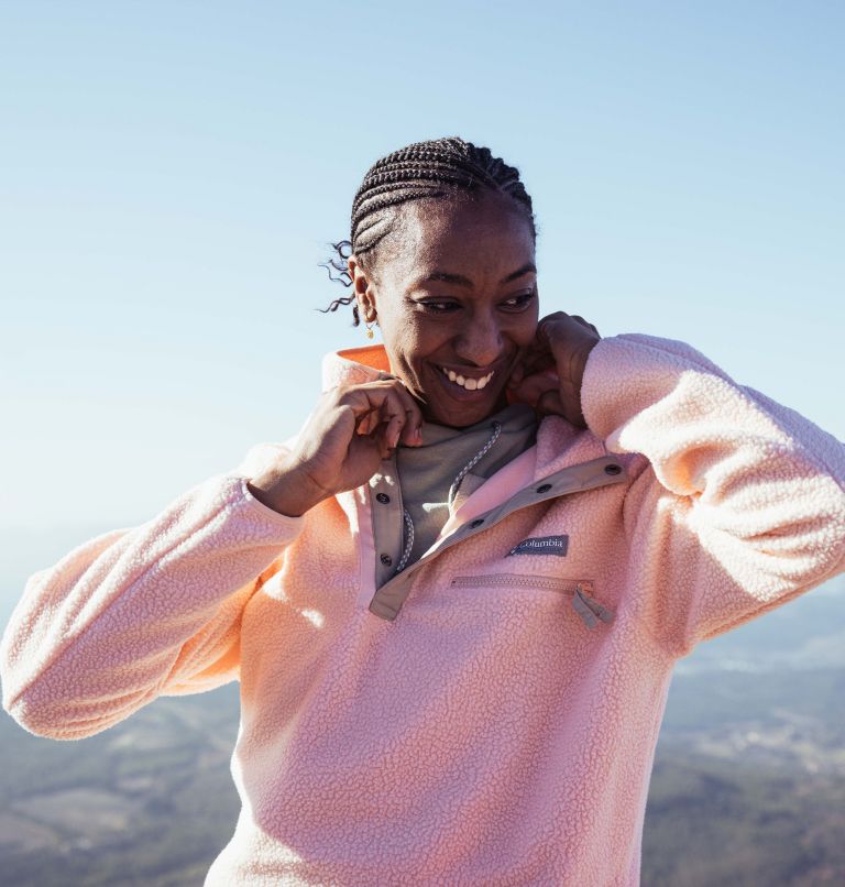 Women's Helvetia Cropped Half Snap Fleece, Color: Peach Blossom, Ancient Fossil, image 8