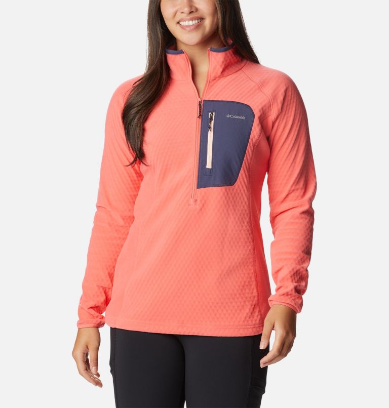 Thumbnail: Women's W Outdoor Tracks Half Zip Fleece Technical Pullover, Color: Blush Pink, Peach Blossom, image 1