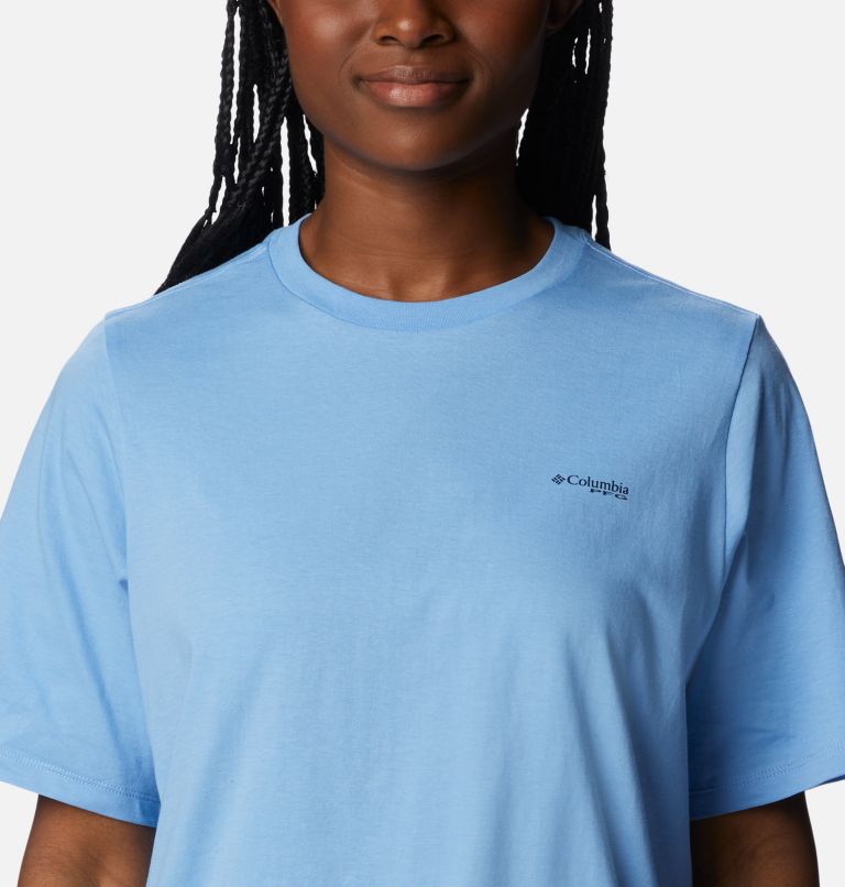 Women's PFG Bramley Bay Relaxed Tee, Color: Agate Blue, Fish Star Marlin Graphic, image 4