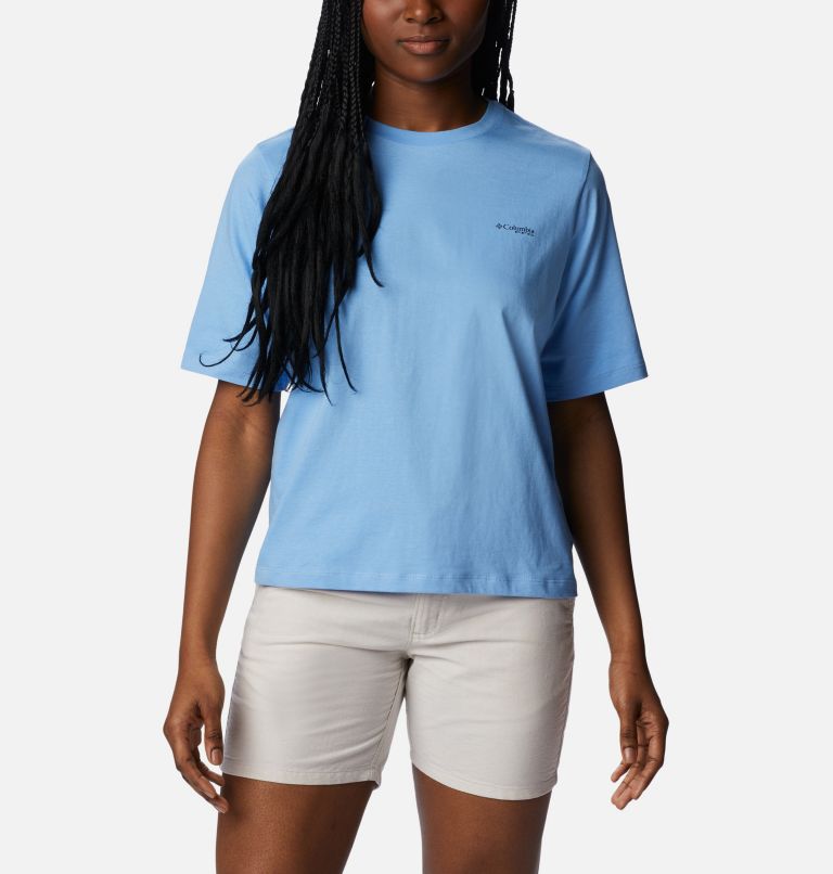 Thumbnail: Women's PFG Bramley Bay Relaxed Tee, Color: Agate Blue, Fish Star Marlin Graphic, image 2