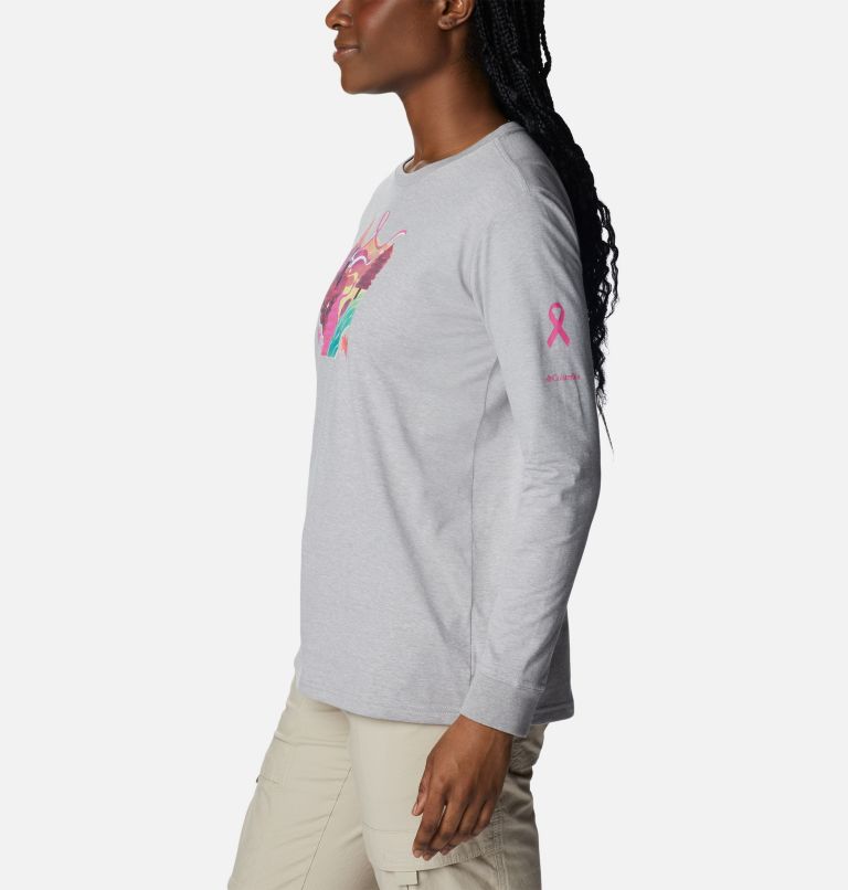 Women's Tested Tough In Pink Graphic Long Sleeve Tee II, Color: Columbia Grey Heather, Loveis Ribbons, image 3
