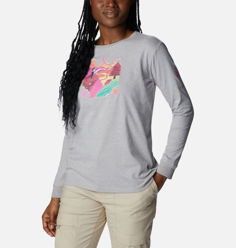 Women's Tested Tough In Pink Graphic Long Sleeve Tee II, Color: Columbia Grey Heather, Loveis Ribbons, image 5