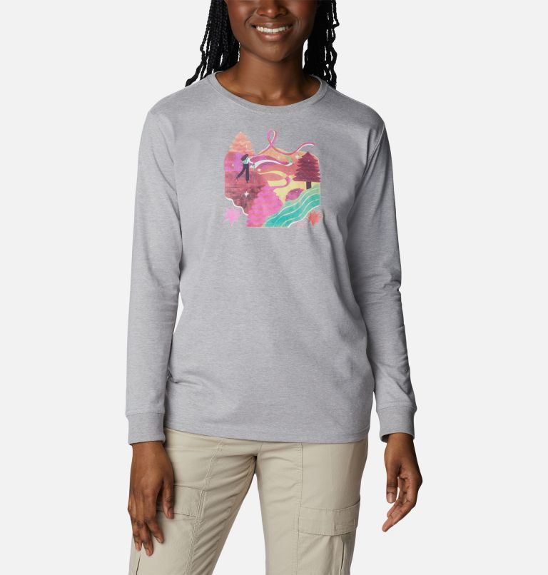 Thumbnail: Women's Tested Tough In Pink Graphic Long Sleeve Tee II, Color: Columbia Grey Heather, Loveis Ribbons, image 1