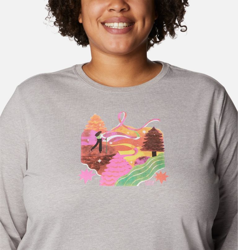Thumbnail: Women's Tested Tough In Pink Graphic Long Sleeve Tee II - Plus Size, Color: Columbia Grey Heather, Loveis Ribbons, image 4