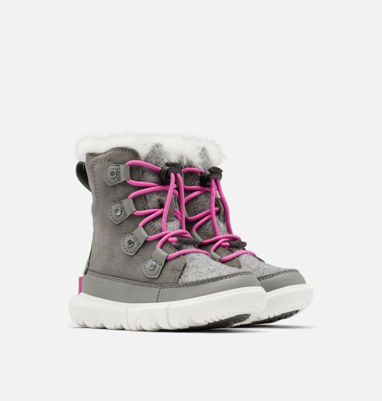 Kids Sorel Explorer Lace Winter boot, Color: Quarry, Bright Lavender, image 2
