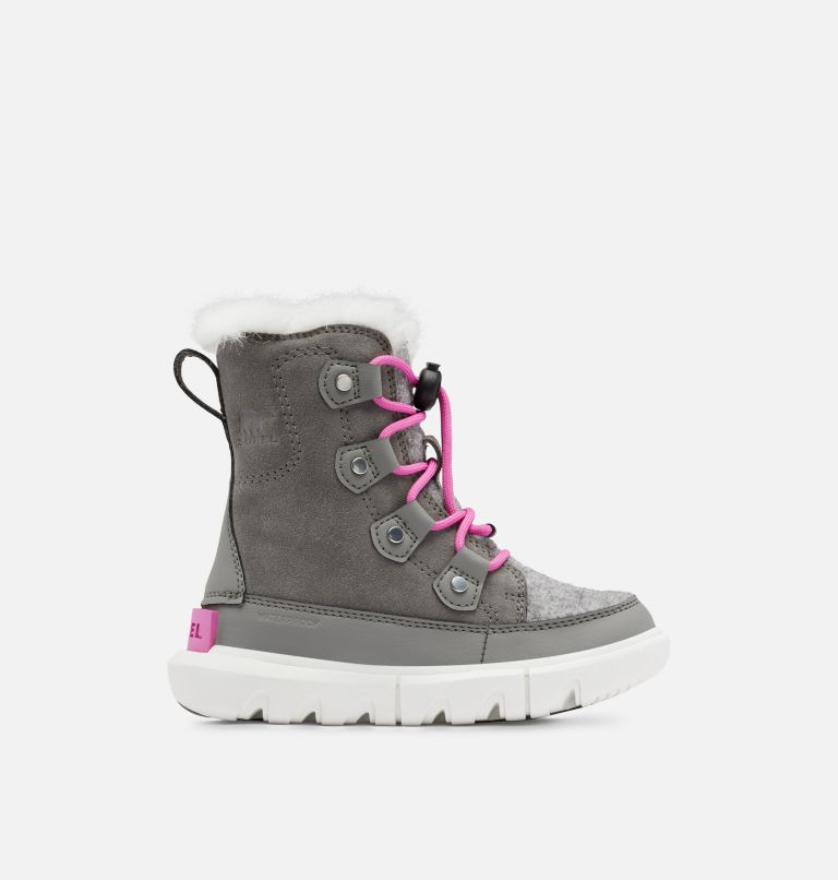 Thumbnail: Kids Sorel Explorer Lace Winter boot, Color: Quarry, Bright Lavender, image 1