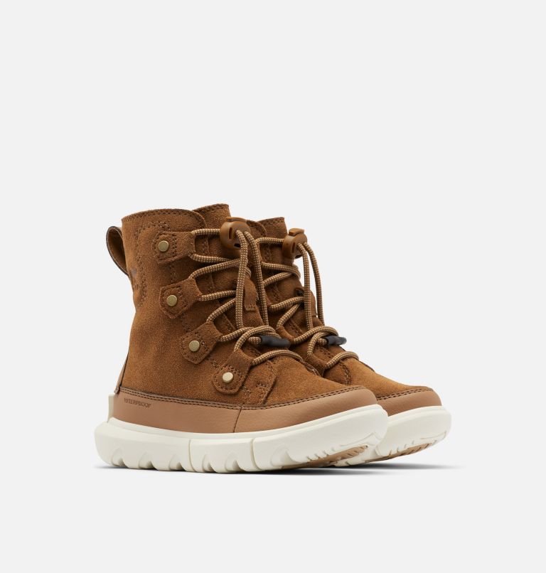 Kids Sorel Explorer Lace Winter boot, Color: Velvet Tan, Chalk, image 2
