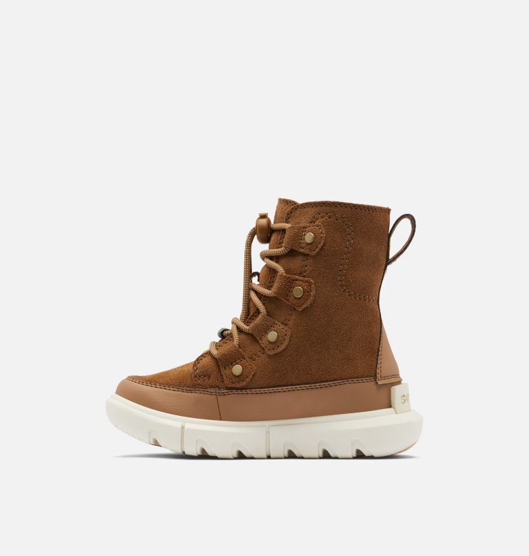 Kids Sorel Explorer Lace Winter boot, Color: Velvet Tan, Chalk, image 4