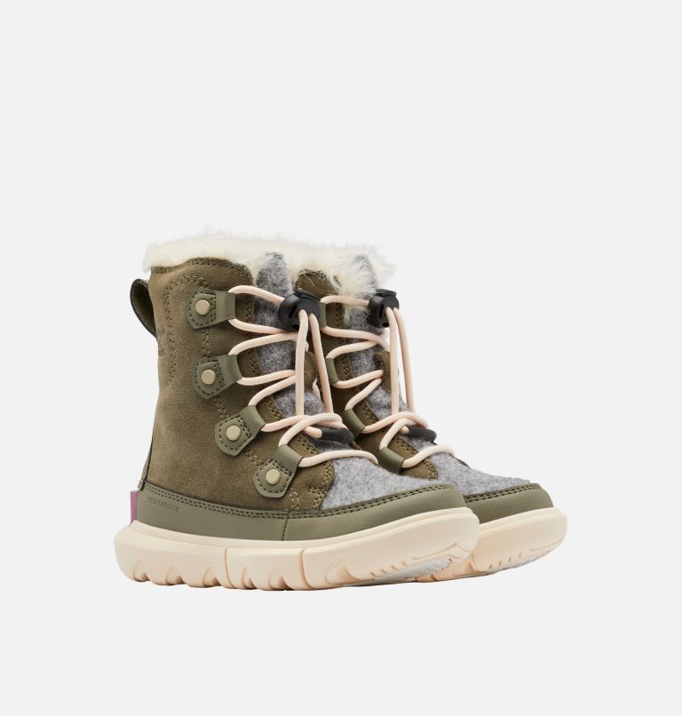 Thumbnail: Kids Sorel Explorer Lace Winter boot, Color: Stone Green, White Peach, image 2
