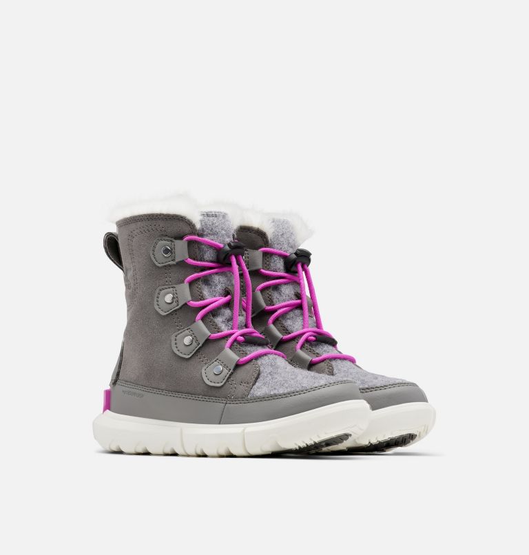 Youth SOREL Explorer Lace Winter boot, Color: Quarry, Bright Lavender, image 2