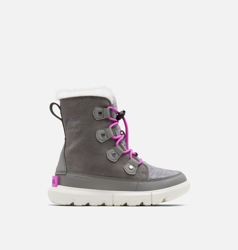 Youth SOREL Explorer Lace Winter boot, Color: Quarry, Bright Lavender, image 1