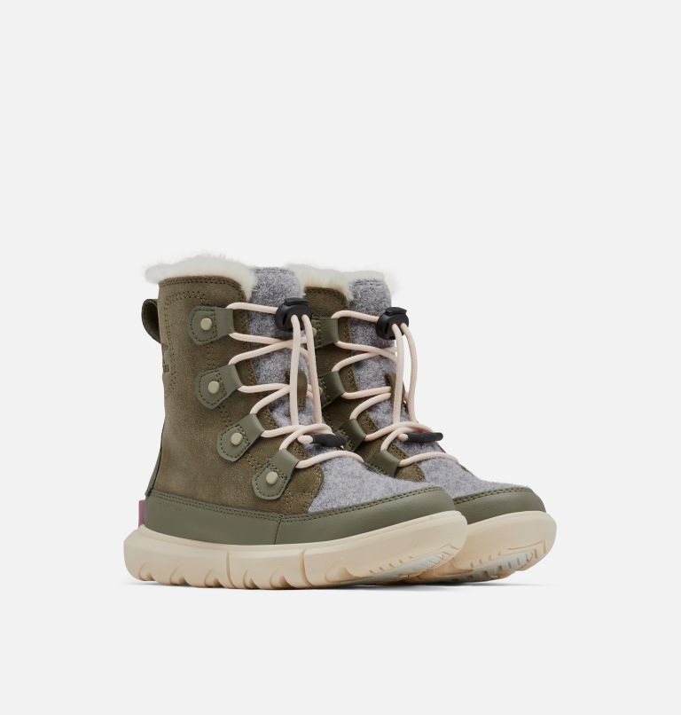 Youth SOREL Explorer Lace Winter boot, Color: Stone Green, White Peach, image 2