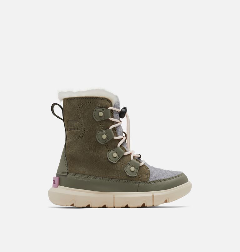 Youth Sorel Explorer Lace Boot, Color: Stone Green, White Peach, image 1