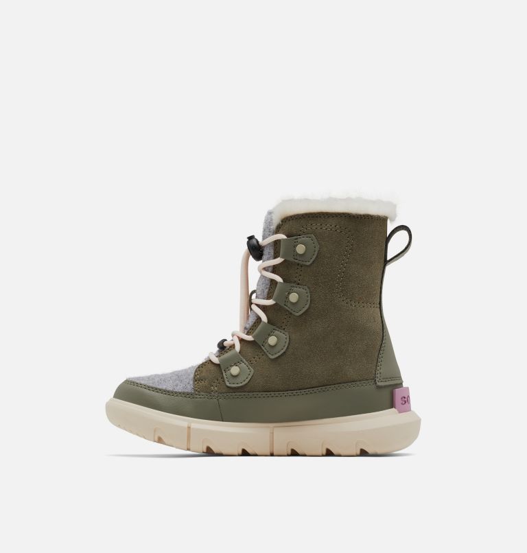 Thumbnail: Youth SOREL Explorer Lace Winter boot, Color: Stone Green, White Peach, image 4